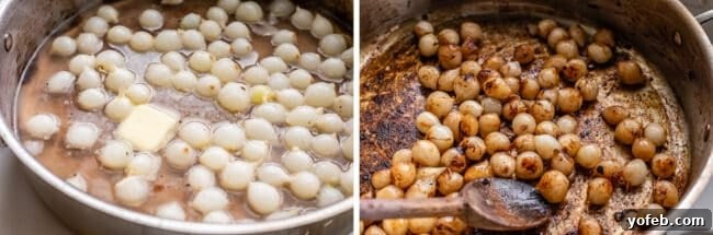 Classic French Beef Bourguignon 21 Pearl onions gently poaching in a pan to achieve tenderness, followed by a separate image showing them sautéing in butter to caramelize and develop rich flavor.