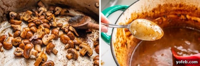 Classic French Beef Bourguignon 22 Fresh mushrooms sautéing to perfection in a pan, and a close-up of the rich Beef Bourguignon sauce clinging to the back of a spoon, indicating ideal thickness.