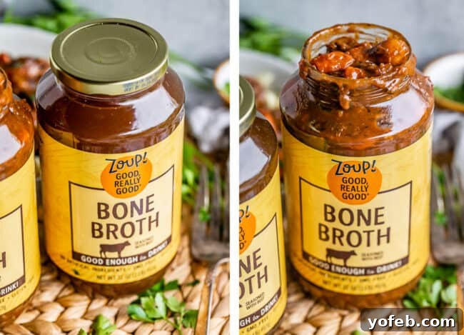 Classic French Beef Bourguignon 23 A jar of Zoup! Beef Bone Broth sits beside a jar filled with hearty beef stew, emphasizing the quality ingredients used in the recipe and the convenience of jarred broth for storage.