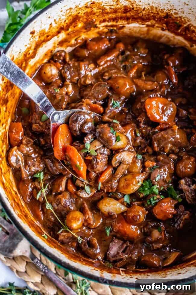 Classic French Beef Bourguignon 8 An inviting overhead shot of a pot of Beef Bourguignon, brimming with rich, dark stew, tender beef, and perfectly cooked vegetables, ready to be dished out.