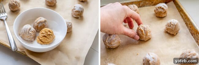 Melt-in-Your-Mouth Peanut Butter Cookies 9 Rolling peanut butter cookie dough balls in sugar and carefully placing them on a baking sheet, ready for the oven.