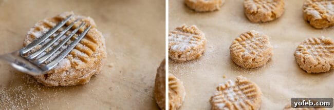 Melt-in-Your-Mouth Peanut Butter Cookies 11 Peanut butter cookie dough lined up on a baking sheet, pressed with a fork, and ready to bake into delicious homemade peanut butter cookies.
