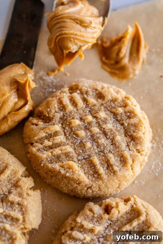 Melt-in-Your-Mouth Peanut Butter Cookies 5 Easy peanut butter cookie on a baking tray, accompanied by a scoop of creamy peanut butter on the side, highlighting the star ingredient.