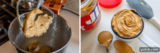 Melt-in-Your-Mouth Peanut Butter Cookies 7 Butter and sugar mixed together in a stand mixer, with a jar of Jif peanut butter and a scoop of peanut butter in a cup, illustrating how to make soft peanut butter cookies.