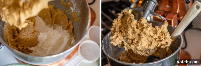 Melt-in-Your-Mouth Peanut Butter Cookies 8 Adding flour and dry ingredients to a stand mixer, with the finished dough beside it, demonstrating an easy peanut butter cookie recipe.
