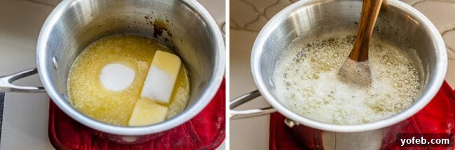 Meyer Lemon Sunshine Rolls 8 sugar, butter, and lemon juice in a pot, the mixture boiling
