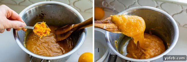Meyer Lemon Sunshine Rolls 11 adding zest to lemon filling in a pot, lifting with a spoon