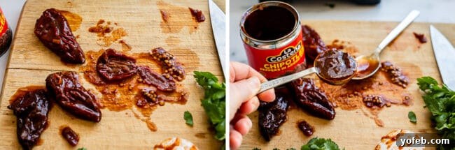 Whip Up Your Own Smoky Chipotle Sauce 10 A visual guide showing how to seed a chipotle pepper on the left, and a tablespoon of adobo sauce from the can on the right. A few onions in the adobo sauce are perfectly normal.