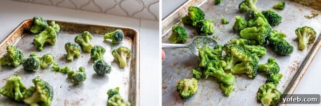 Two images side by side: one showing frozen broccoli spread evenly on a hot baking sheet, and the other depicting roasted broccoli being stirred halfway through cooking to ensure even crispiness.