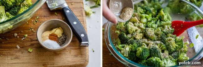 A small bowl containing a mix of savory spices is shown next to a larger glass bowl where the spices are being added to broccoli florets, demonstrating the seasoning process.