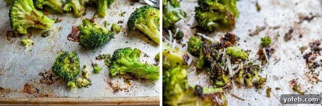 A baking pan shows roasted broccoli florets, some of which have stuck and charred slightly on the left. The right image shows a spatula scraping up these flavorful, browned bits, ready to be enjoyed with grated Parmesan.