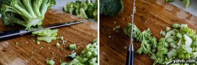 A person demonstrates slicing the stem of a broccoli head on a cutting board, carefully separating florets from the main stalk to prepare them for roasting.