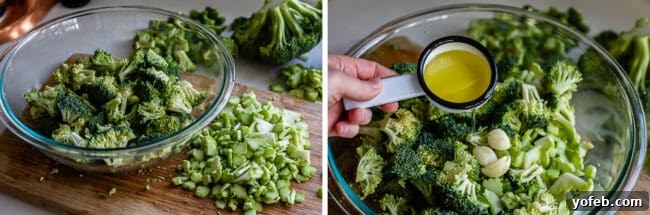 A bowl on a cutting board contains fresh broccoli florets and thinly chopped stems, ready for roasting. Olive oil is being drizzled over the broccoli, signifying the next step in preparation.
