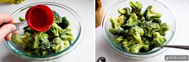 A glass bowl holds frozen broccoli florets, with a hand pouring olive oil over them. Another image shows spices being mixed into the frozen broccoli, illustrating the seasoning process without thawing.