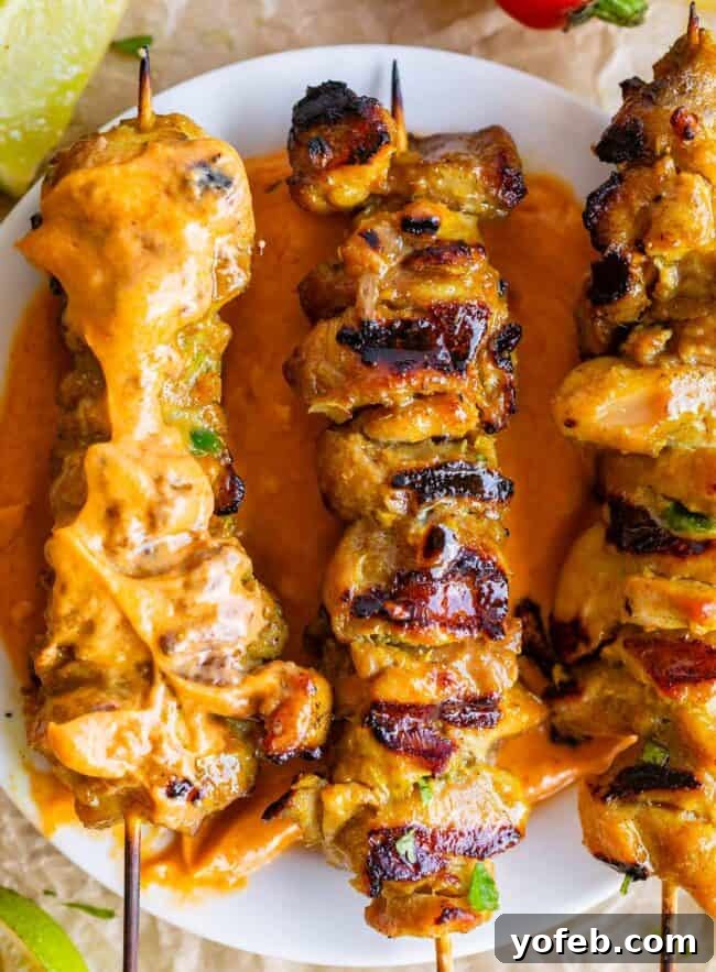 Authentic Thai Chicken Satay with Creamy Peanut Sauce 15 A delicious chicken satay skewer, with one end dipped into a creamy peanut sauce, ready to be eaten.