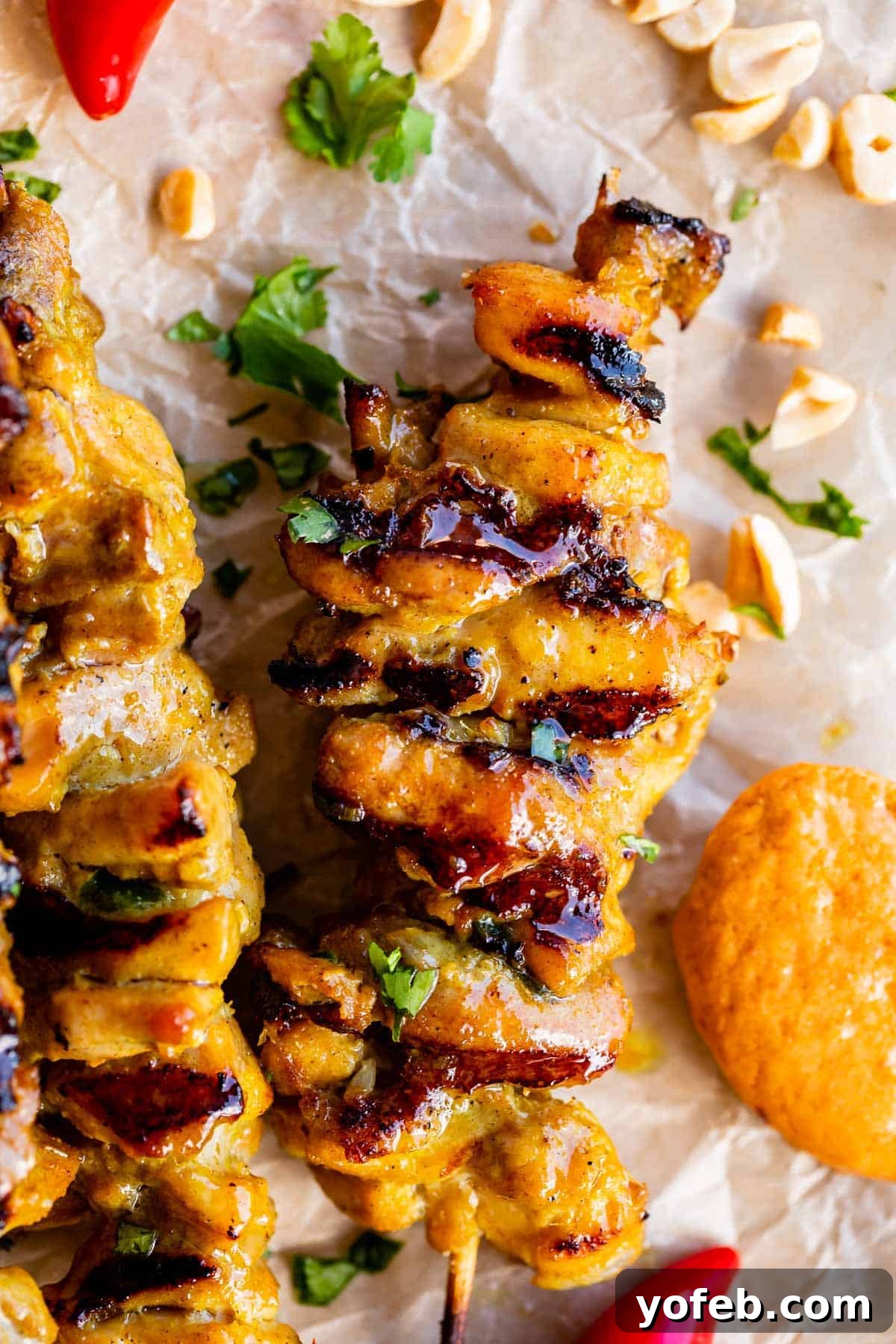 Authentic Thai Chicken Satay with Creamy Peanut Sauce 18 thai chicken satay on a skewer with peanut sauce on the side