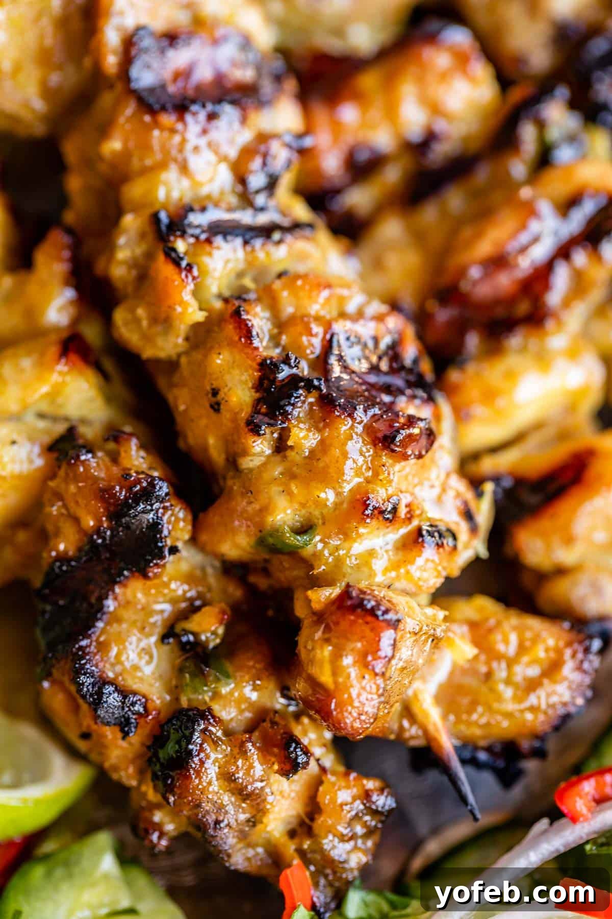Authentic Thai Chicken Satay with Creamy Peanut Sauce 4 A single Thai Chicken Satay skewer showcasing perfectly grilled, golden-brown chicken pieces, ready for dipping.