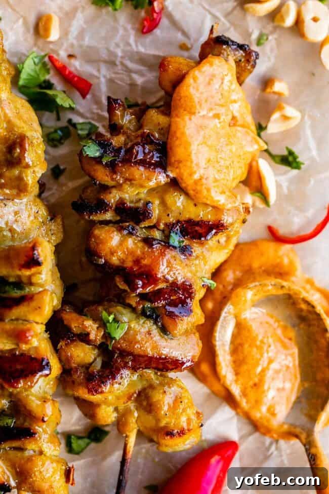 Authentic Thai Chicken Satay with Creamy Peanut Sauce 6 A close-up of a beautifully grilled Thai Chicken Satay skewer, with a spoon of rich peanut sauce drizzled on top.