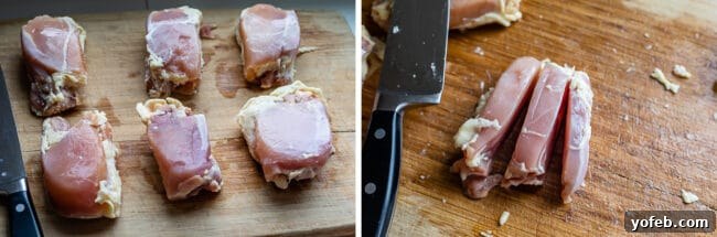 Authentic Thai Chicken Satay with Creamy Peanut Sauce 10 Six raw boneless, skinless chicken thighs on a wooden cutting board, with one thigh partially sliced into strips, ready for preparation.