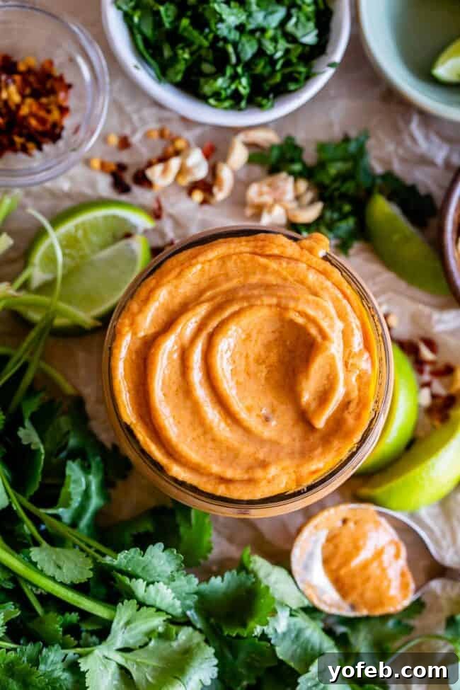 Effortless Homemade Peanut Sauce 3 A jar of spicy Thai peanut sauce sits invitingly, surrounded by key fresh ingredients like vibrant green limes, aromatic cilantro, and a scattering of crushed peanuts, hinting at the rich flavors within.