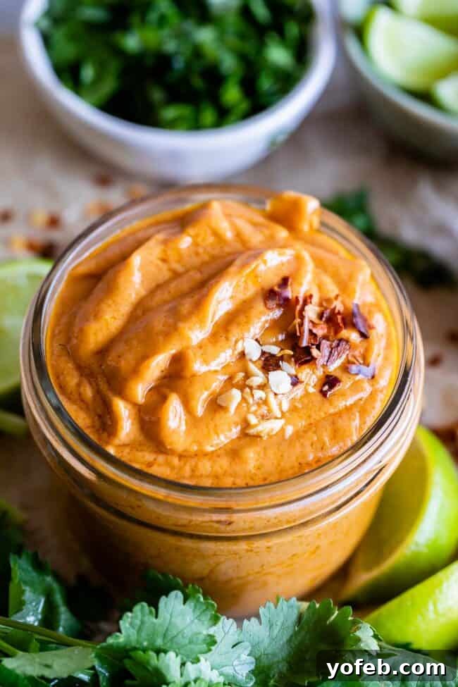 Effortless Homemade Peanut Sauce 5 A charming still life featuring a jar of spicy Thai peanut sauce, artfully arranged with whole limes, fresh cilantro, and small bowls holding crushed red pepper flakes and other spices, suggesting the rich ingredients of the sauce.