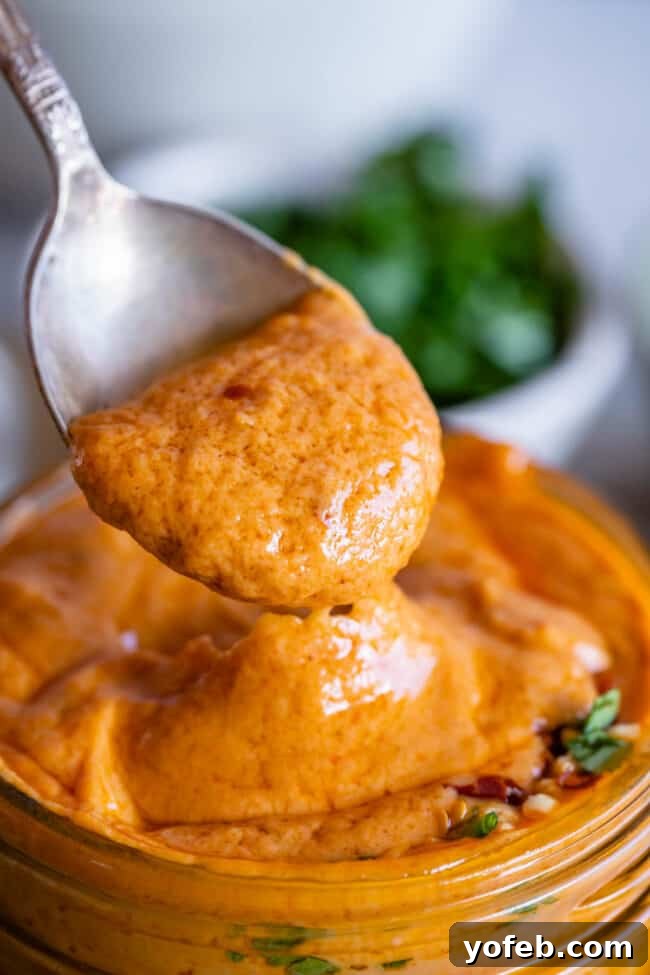 Effortless Homemade Peanut Sauce 6 A close-up shot of easy Thai peanut sauce being stirred and lifted with a spoon from a glass jar, showcasing its thick, creamy texture and readiness to be served.