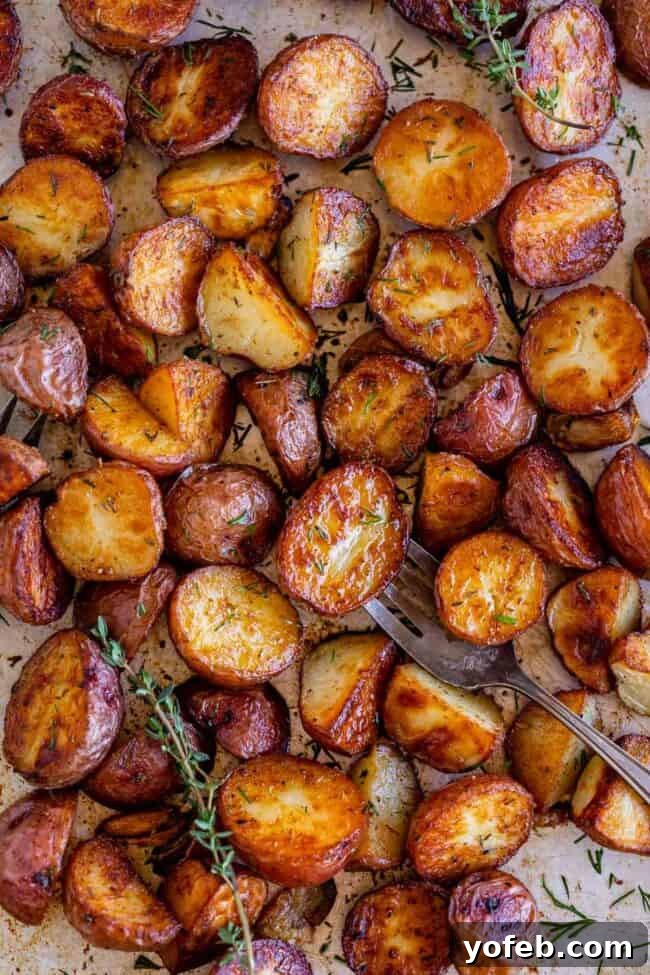 Crispy Oven-Roasted Red Potatoes 11 roasted red potatoes with fresh thyme on a baking sheet, one potato pierced with a fork to show tenderness