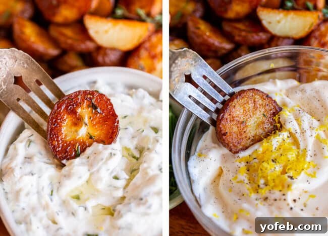 Crispy Oven-Roasted Red Potatoes 12 two bowls of dipping sauce, Tzatziki and Aioli, with roasted red potatoes on a fork being dipped into each