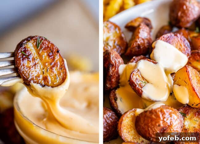 Crispy Oven-Roasted Red Potatoes 13 roasted red potato being dipped into a bowl of creamy cheese sauce, with other potatoes drizzled with sauce on a plate