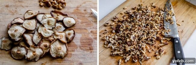 P.F. Chang's Style Lettuce Wraps at Home 10 Rehydrated shiitake mushrooms stemmed and finely chopped on a cutting board.