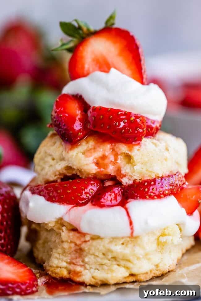 Stacked strawberry shortcake biscuits with fresh strawberries and whipped cream ready to be served.