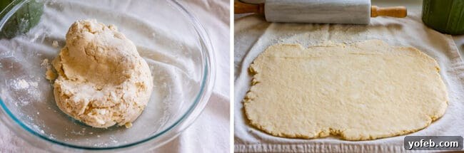 Kneaded dough resting in a glass bowl, with a rectangular shape rolled out beside it.