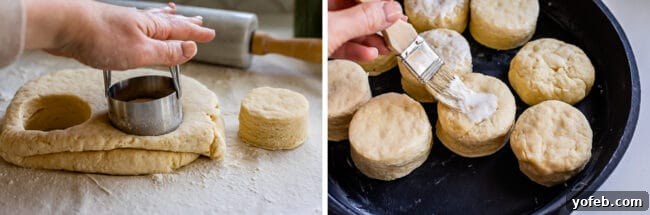 Pressing a biscuit cutter into dough, then brushing the tops of unbaked biscuits with cream.