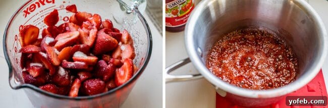 Fresh strawberries in a bowl with sugar sprinkled over them, and jam bubbling in a pot.