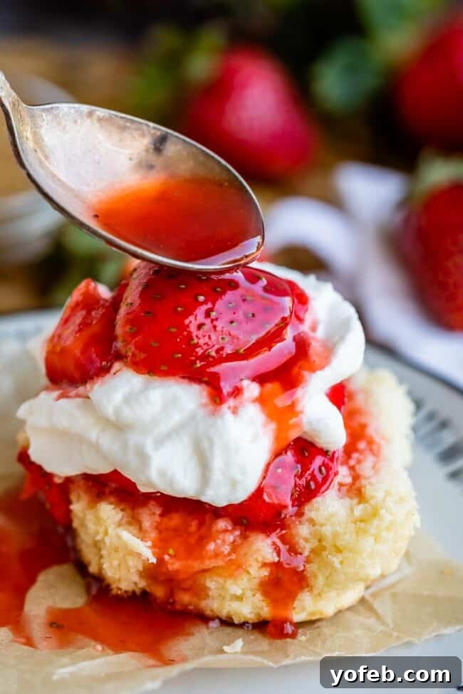 A spoon drizzling sweet juice over the top of a stacked strawberry shortcake dessert.