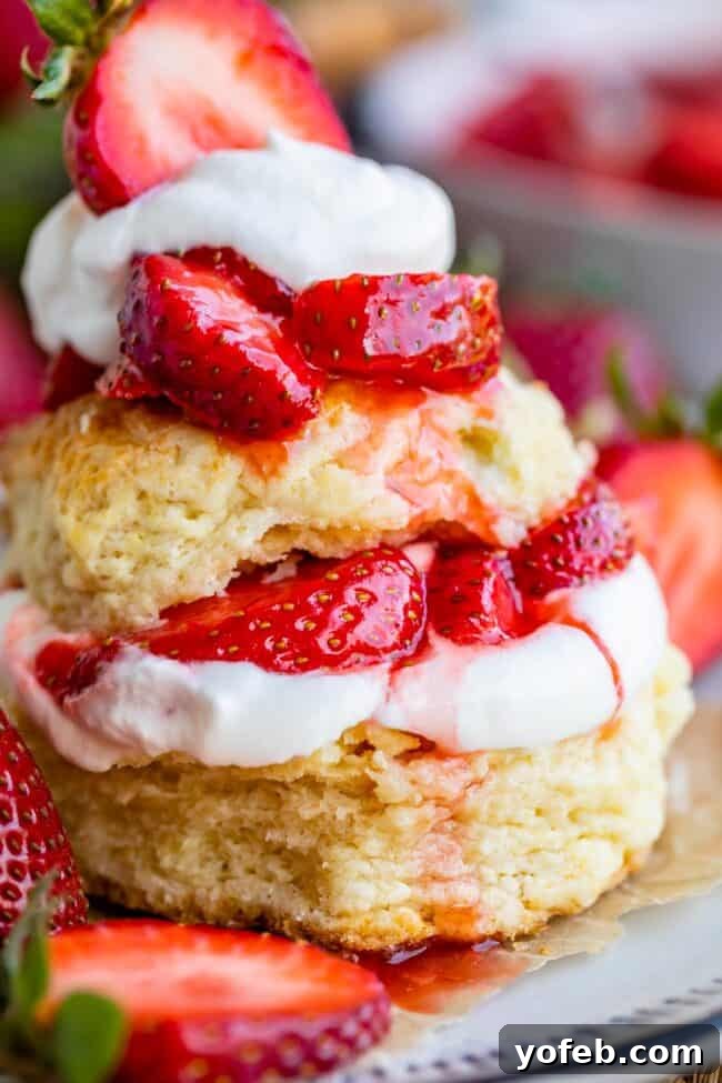 Detailed view of how to make strawberry shortcake using real biscuits and a delicious strawberry topping.
