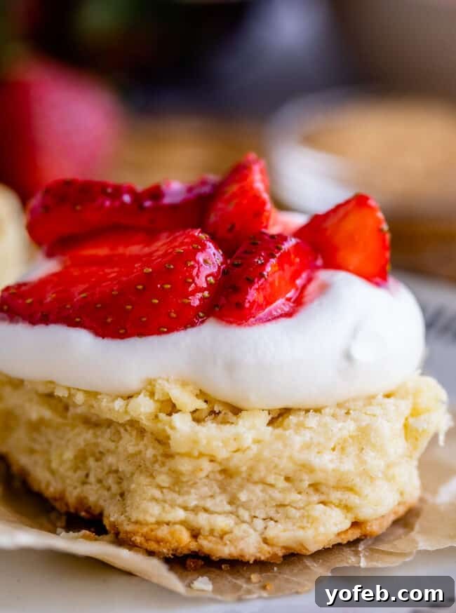 Freshly baked shortcake on parchment paper, adorned with whipped cream and ripe strawberries.