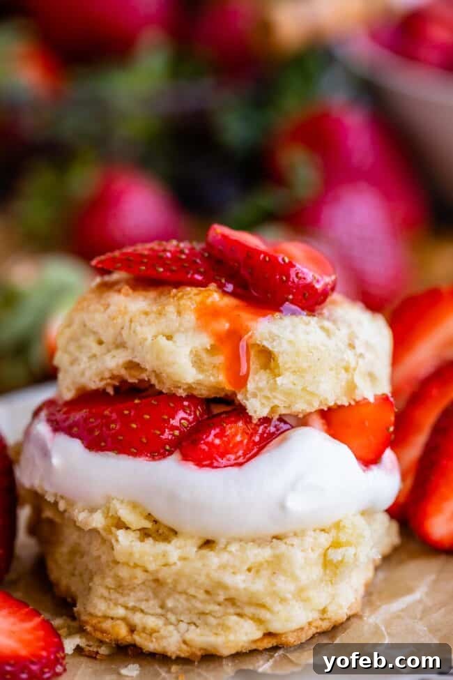 A delectable strawberry shortcake stack resting on parchment paper on a plate, with fresh strawberries in the background.
