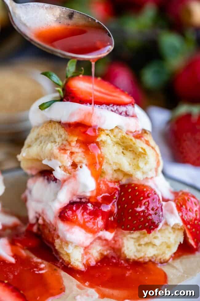Sweet juice being drizzled over a classic strawberry shortcake, enhancing its appeal.