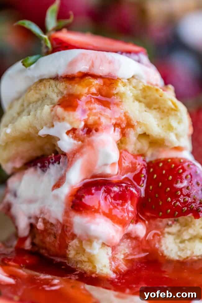 Several strawberry shortcake biscuits stacked with strawberries and whipped cream.