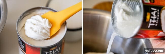 Island Oasis Piña Colada 12 The process of preparing homemade cream of coconut, showing the thick cream being scooped from a can of coconut milk and the liquid milk being poured into a saucepan.
