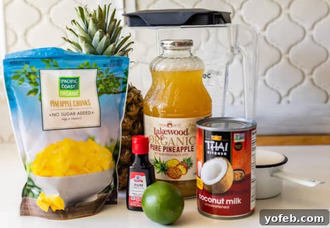 Island Oasis Piña Colada 14 All the necessary ingredients for crafting delicious virgin piña coladas are neatly arranged on a kitchen counter, ready for preparation.