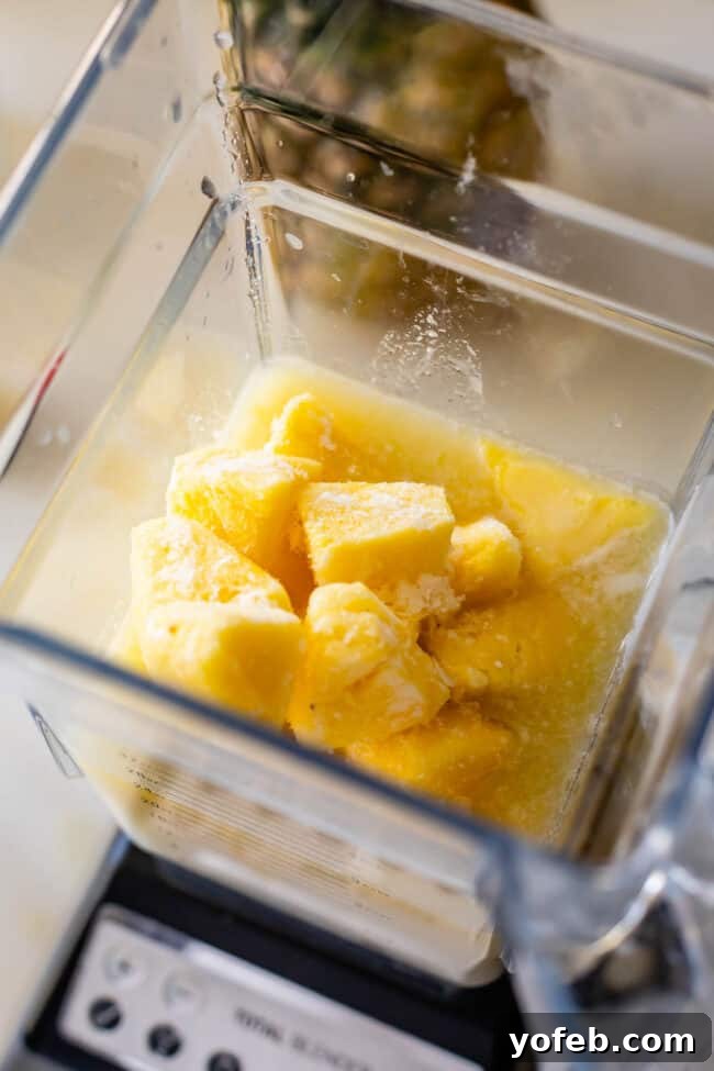 Island Oasis Piña Colada 15 A blender filled with frozen pineapple and pineapple juice, showcasing the initial steps of making a virgin piña colada.