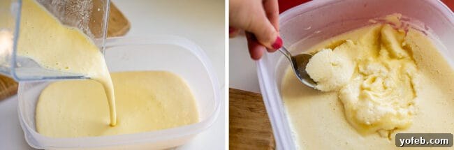 Island Oasis Piña Colada 16 A partially frozen piña colada mixture is being spooned out of a container back into a blender, preparing for its final blend.