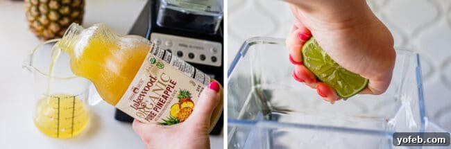 Island Oasis Piña Colada 8 The process of making a virgin piña colada, showing pineapple juice being poured into a measuring cup and a lime being squeezed directly into a blender.