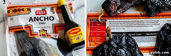 Mastering Carne Asada 12 ancho chiles in a bag, maggi seasoning in a bottle.