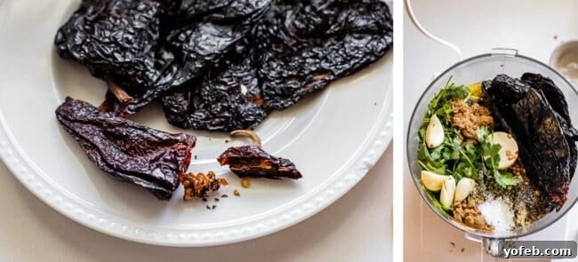 Mastering Carne Asada 13 ancho chili with stem snipped off, overhead photo of marinade ingredients in a food processor.