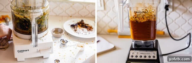 Mastering Carne Asada 14 food processor that splattered all over the kitchen, blended mojo sauce in a blender.