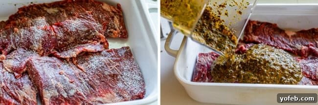 Mastering Carne Asada 15 salted steaks in a pan, adding marinade from a blender into the pan.