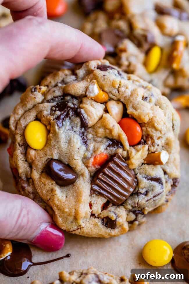Loaded Reese's Peanut Butter Pretzel Cookies 2 Decadent peanut butter pretzel chocolate cookies overflowing with Reese's candies and crunchy pretzels.